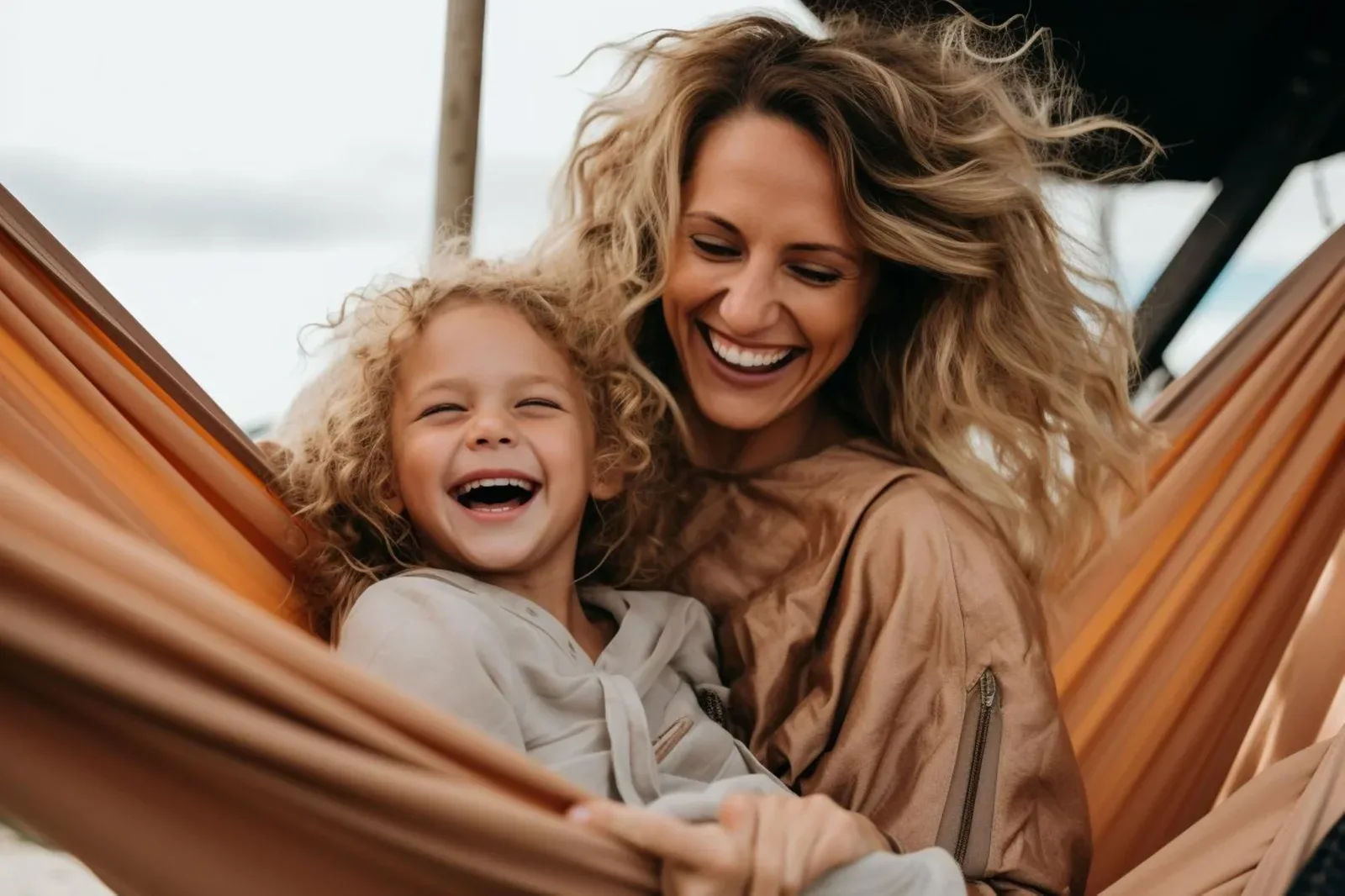 Mother and young child laughing together in a hammock